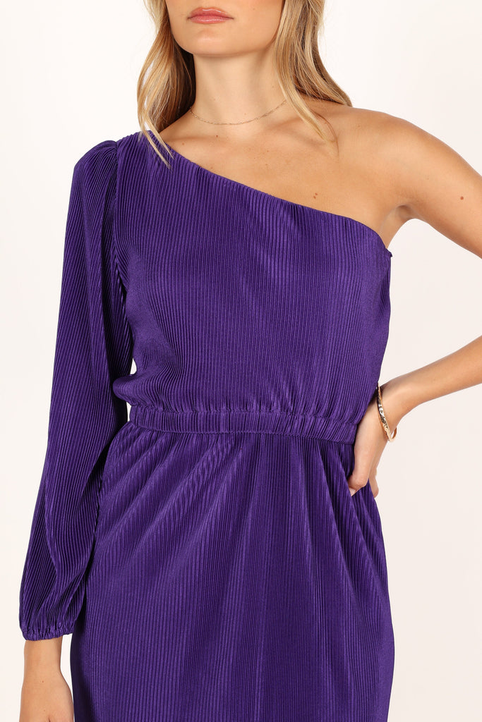 Purple midi one shoulder dress with small cut out and split