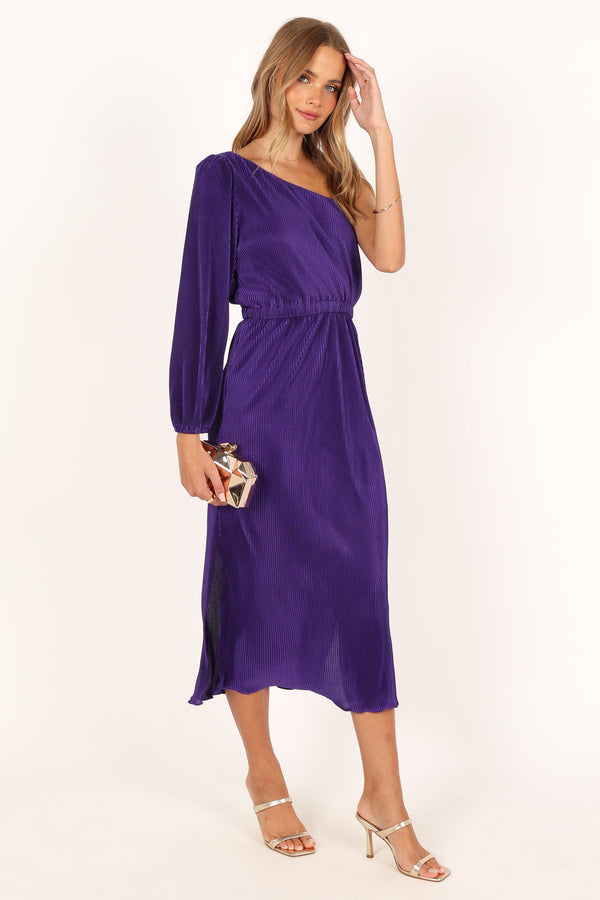 Petal and Pup USA DRESSES Pontee One Shoulder Pleated Midi Dress - Purple