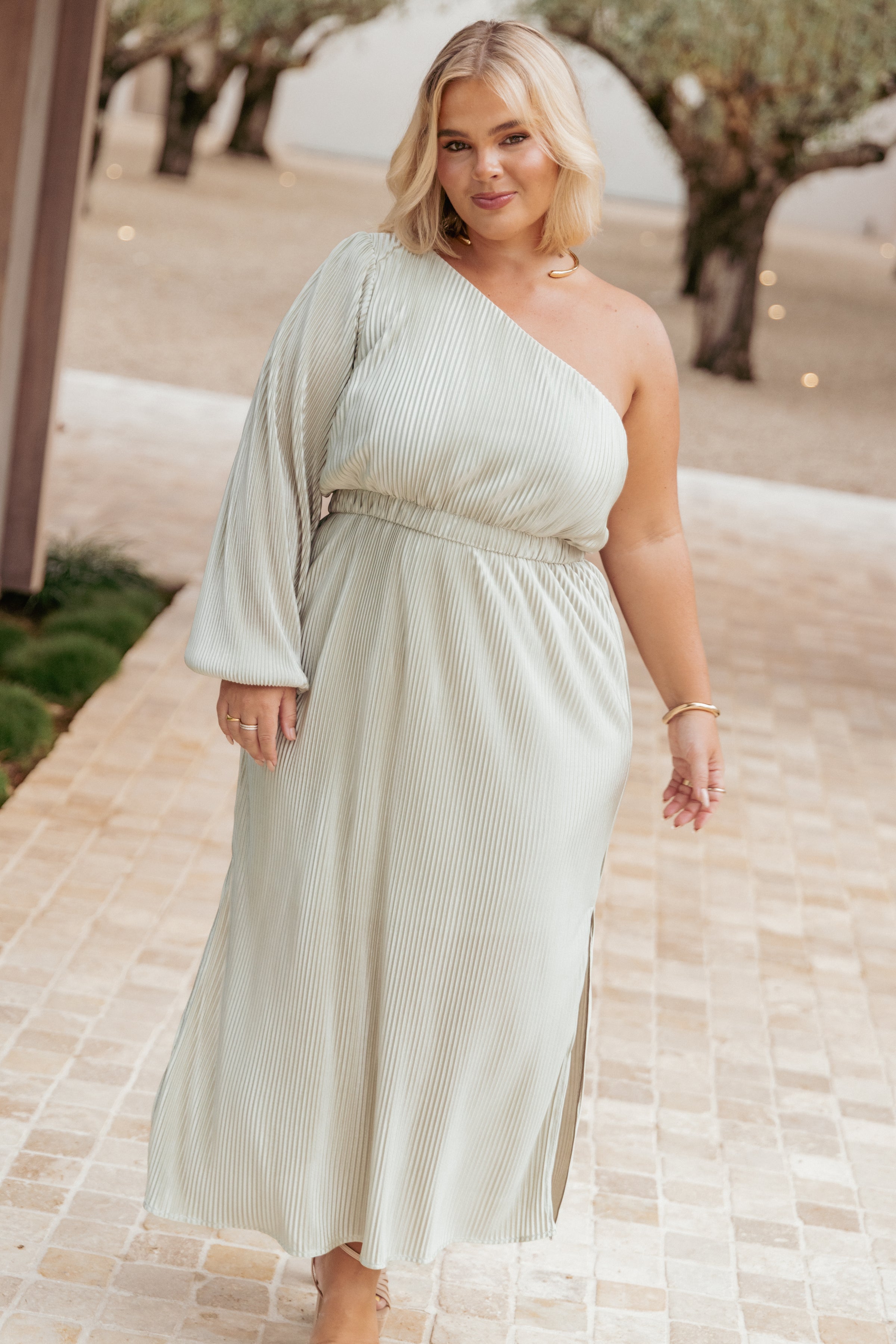 Petal and Pup USA DRESSES Pontee One Shoulder Pleated Midi Dress - Sage Green