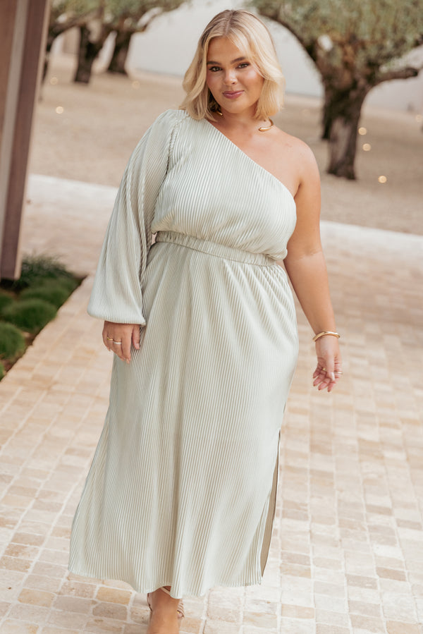 Petal and Pup USA DRESSES Pontee One Shoulder Pleated Midi Dress - Sage Green