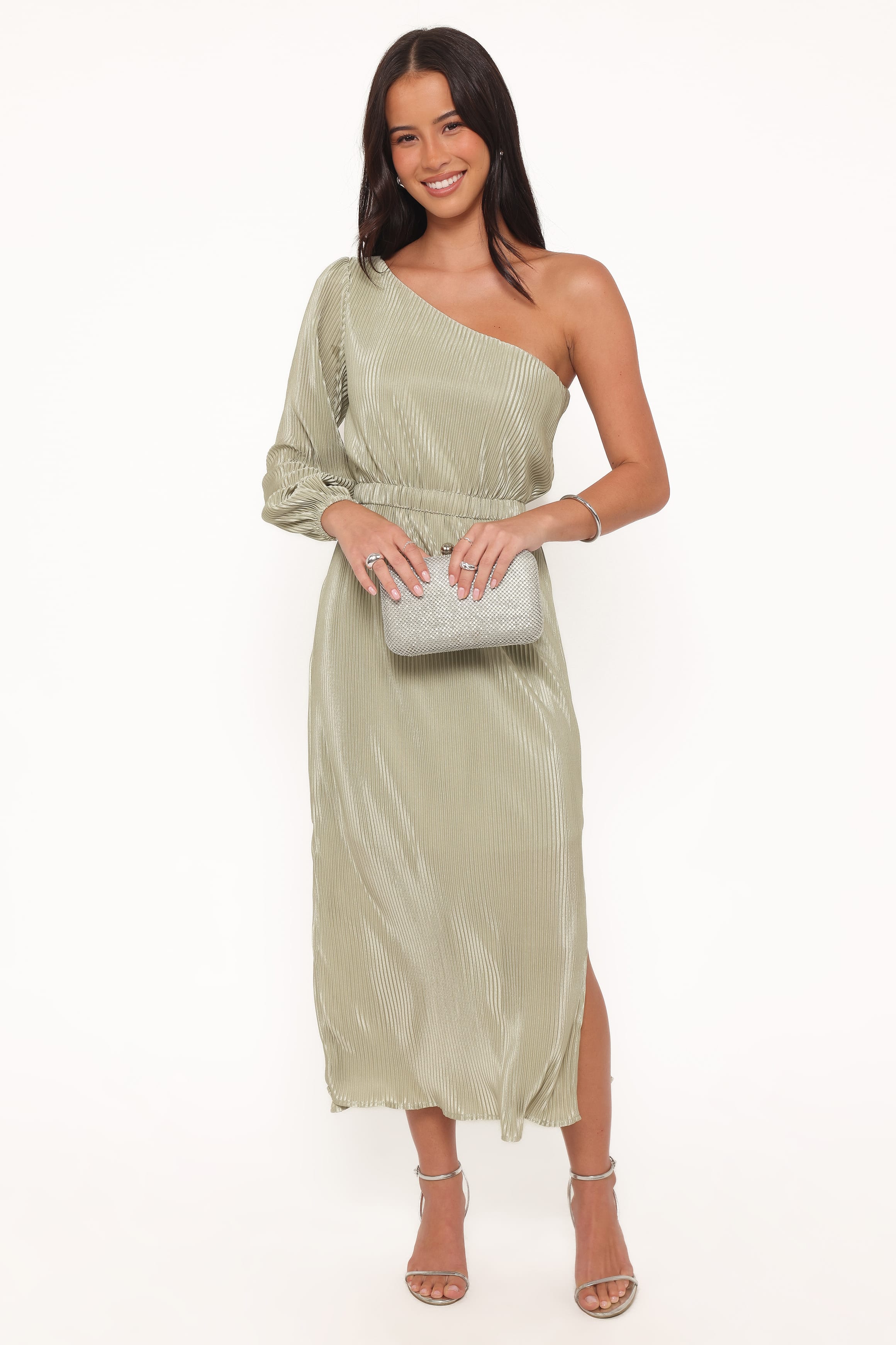 Pontee One Shoulder Pleated Midi Dress - Sage Green | Petal & Pup USA