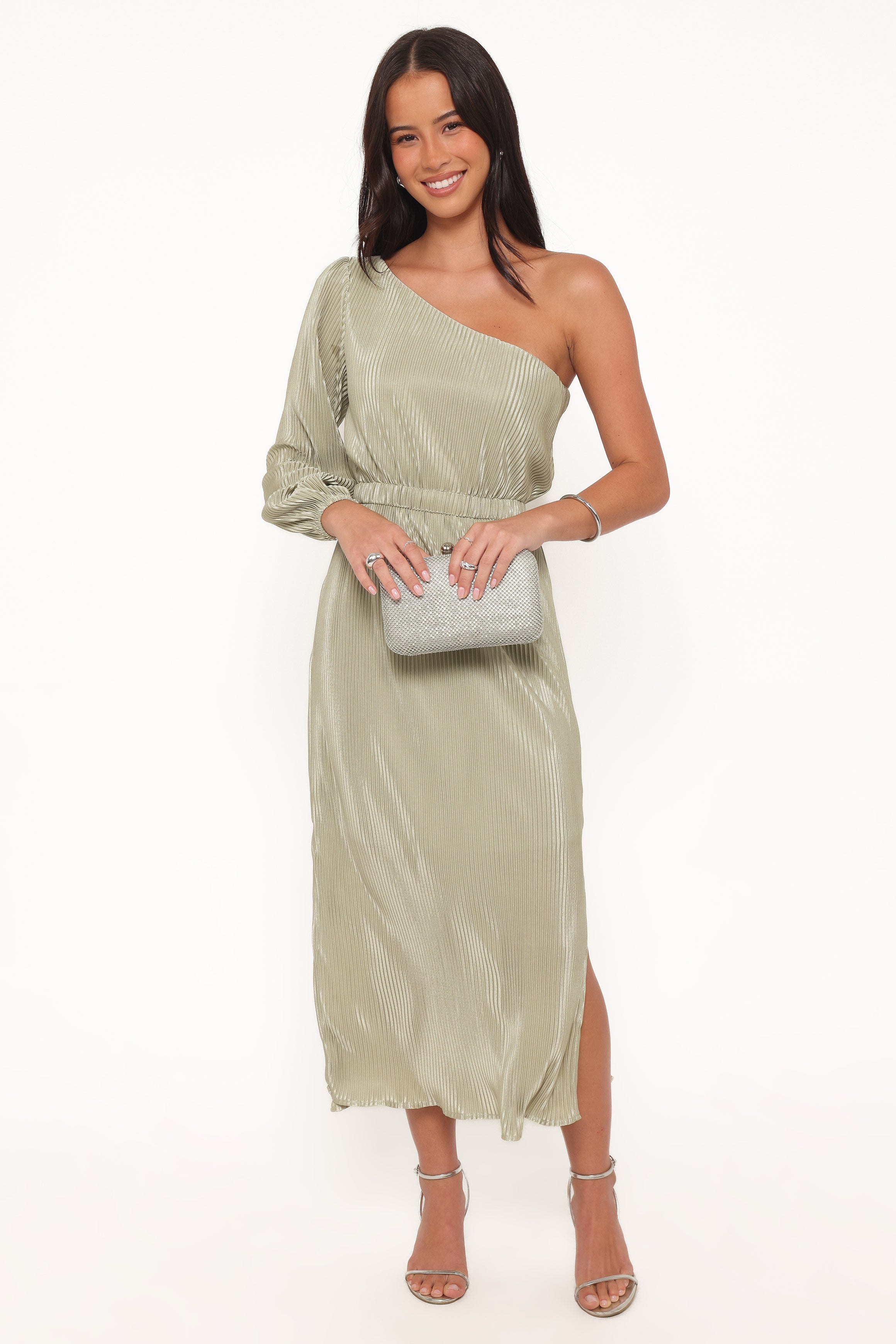 Petal and Pup USA DRESSES Pontee One Shoulder Pleated Midi Dress - Sage Green