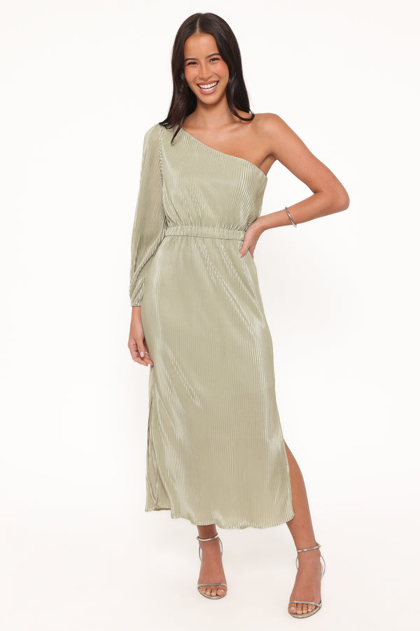 Petal and Pup USA DRESSES Pontee One Shoulder Pleated Midi Dress - Sage Green