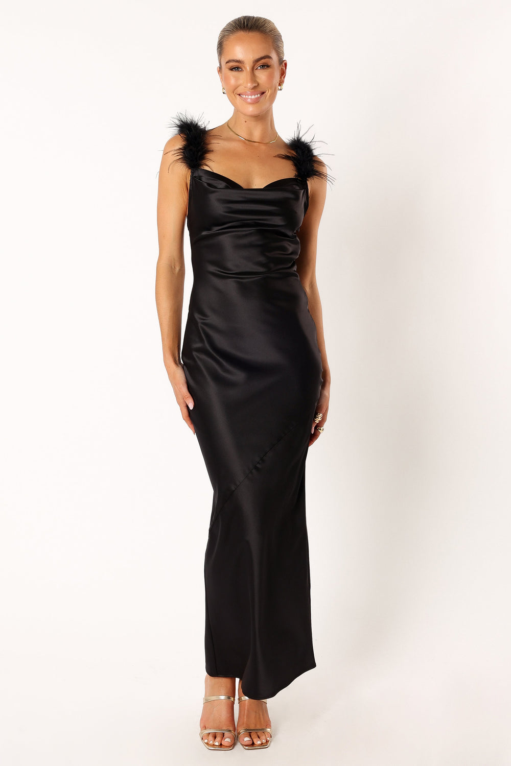 Petal and Pup USA DRESSES Quartina Feather Shoulder Maxi Dress - Black