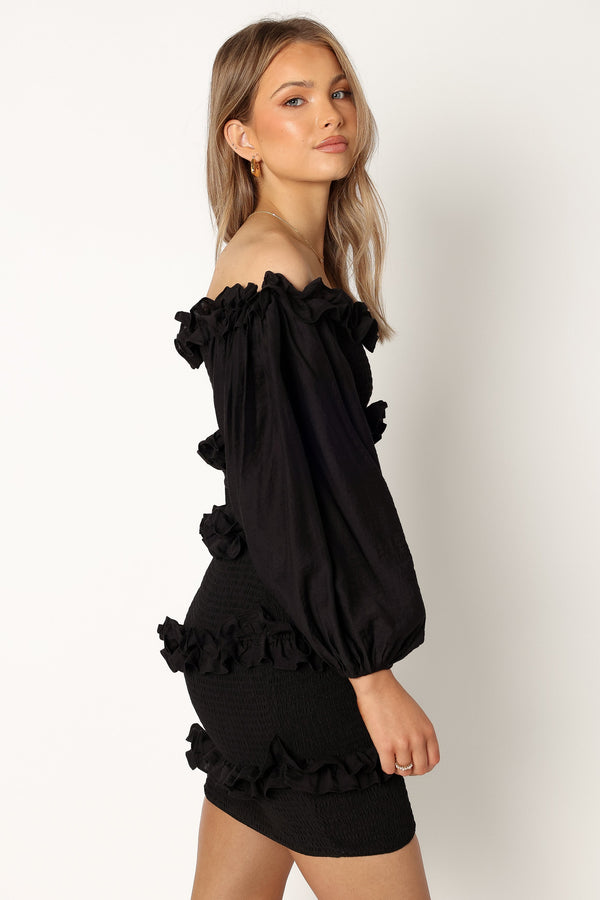 Petal and Pup USA DRESSES Reba Off Shoulder Mini Dress - Black