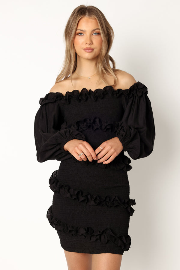 Petal and Pup USA DRESSES Reba Off Shoulder Mini Dress - Black