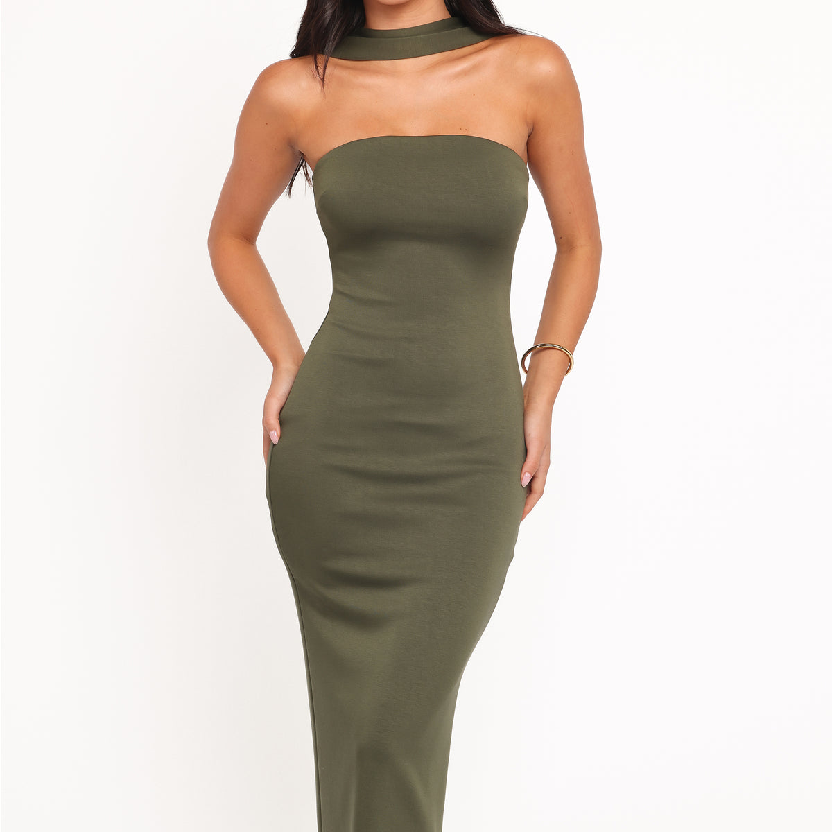olive green midi dress formal Olive Green Cotton Flax Paneled A-Line Midi Dress 68