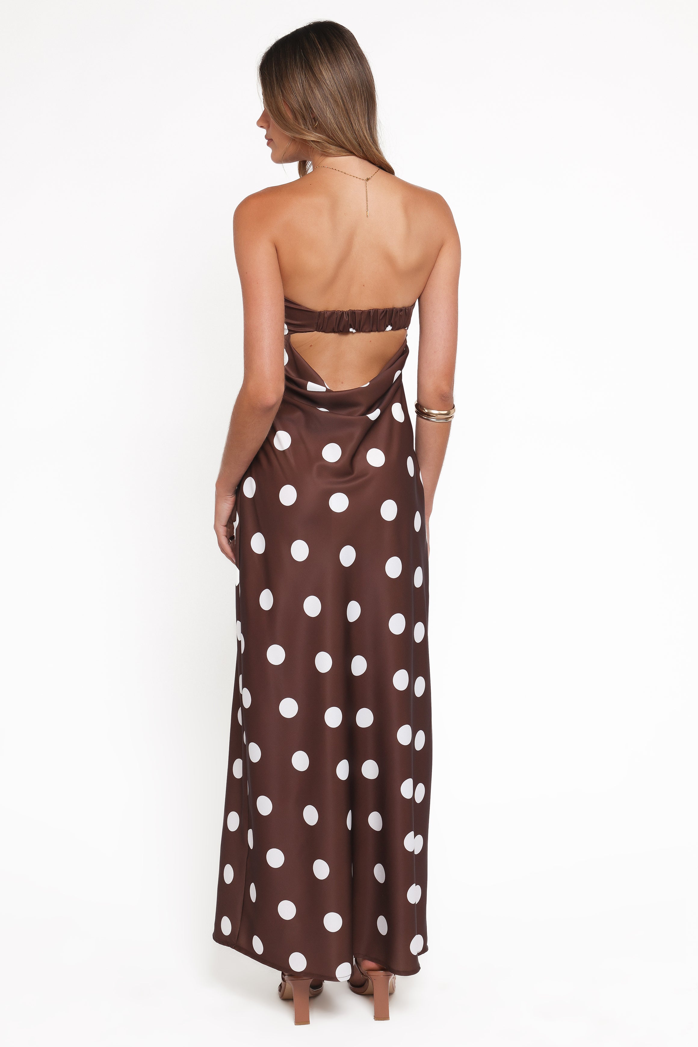 Petal and Pup USA DRESSES Remmie Strapless Maxi Dress - Brown Polka Dot