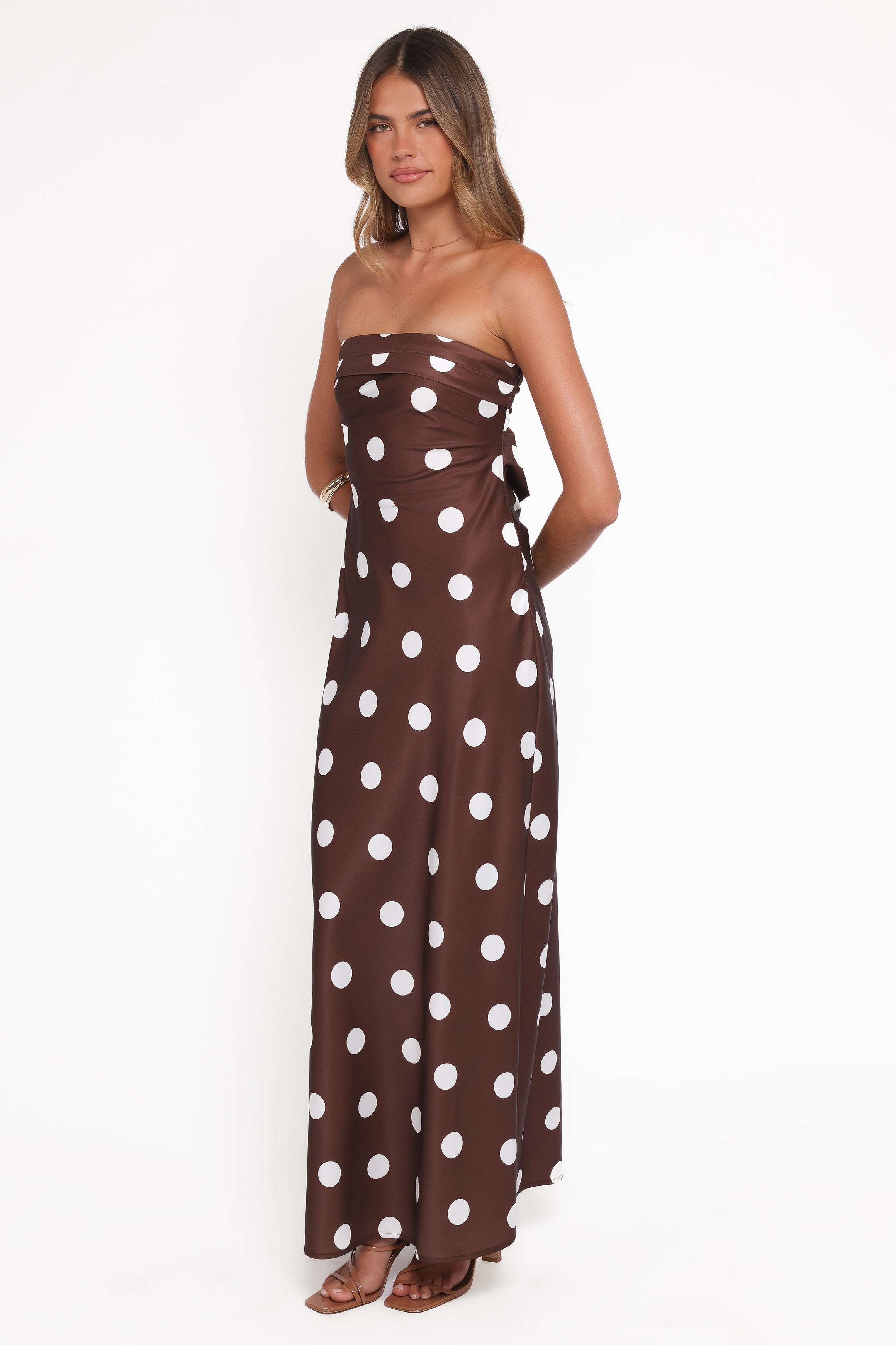 Petal and Pup USA DRESSES Remmie Strapless Maxi Dress - Brown Polka Dot