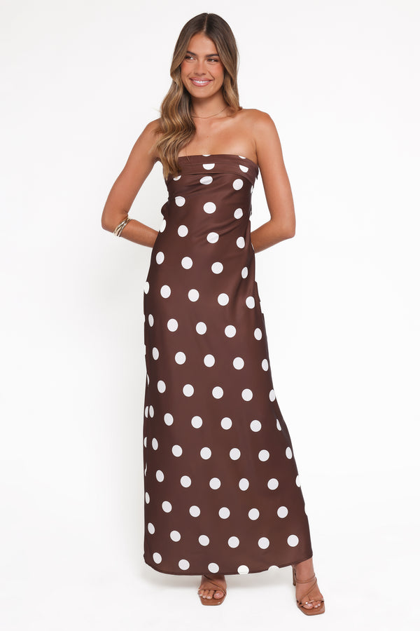 Petal and Pup USA DRESSES Remmie Strapless Maxi Dress - Brown Polka Dot