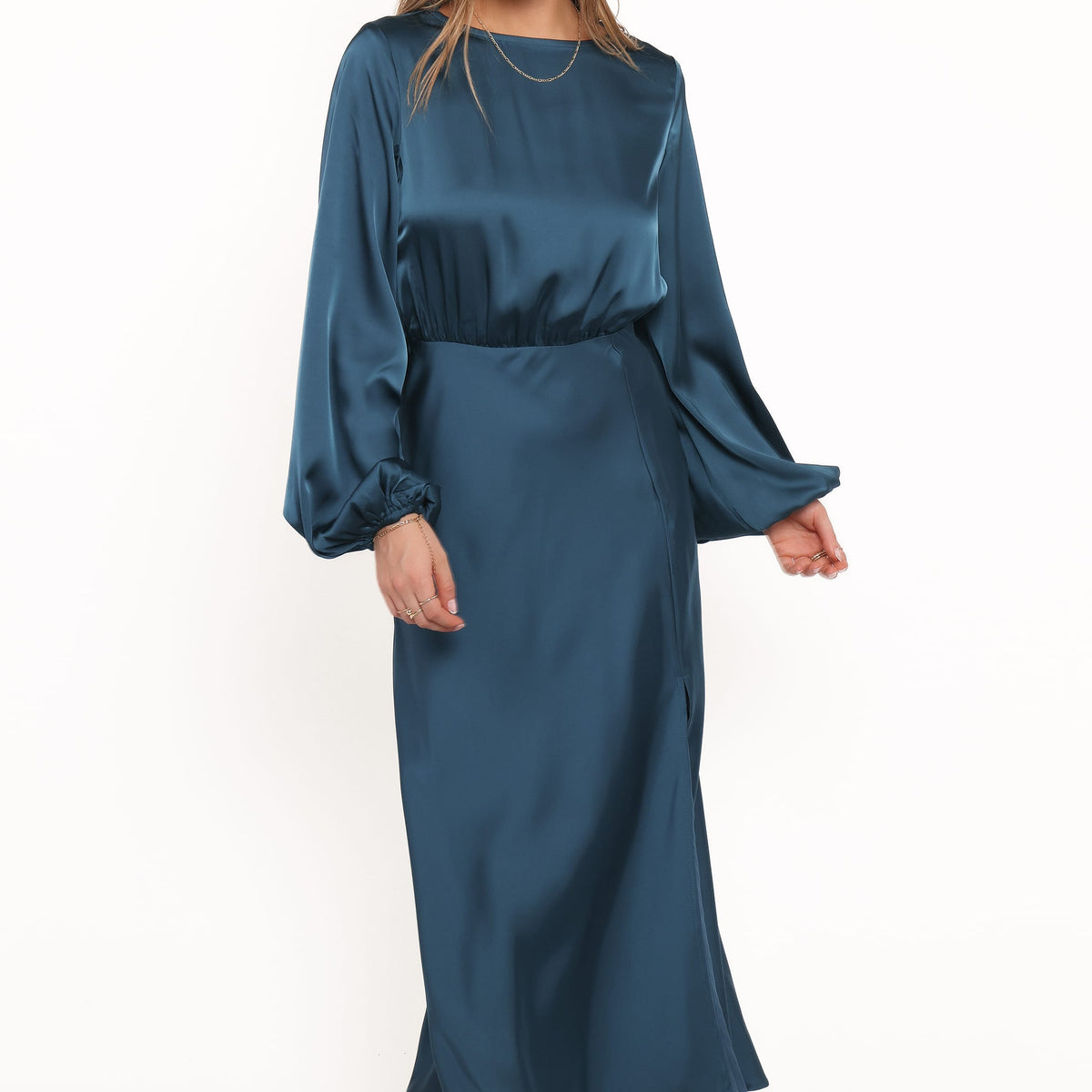 blue satin midi dress with sleeves Petal and Pup Women's Remora Long Sleeve homecoming dresses Formal dress Model wears size 2 Select your size:EU 42 - US 9 Satin Strapless Bow Back