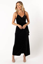 Petal and Pup USA DRESSES Renarde Wrap Velvet Midi Dress - Black
