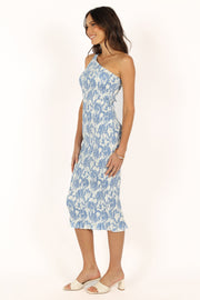 Petal and Pup USA DRESSES Renee One Shoulder Midi Dress - Blue Print