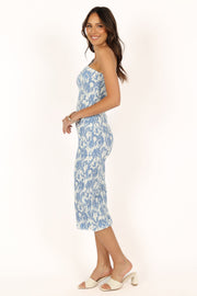 Petal and Pup USA DRESSES Renee One Shoulder Midi Dress - Blue Print