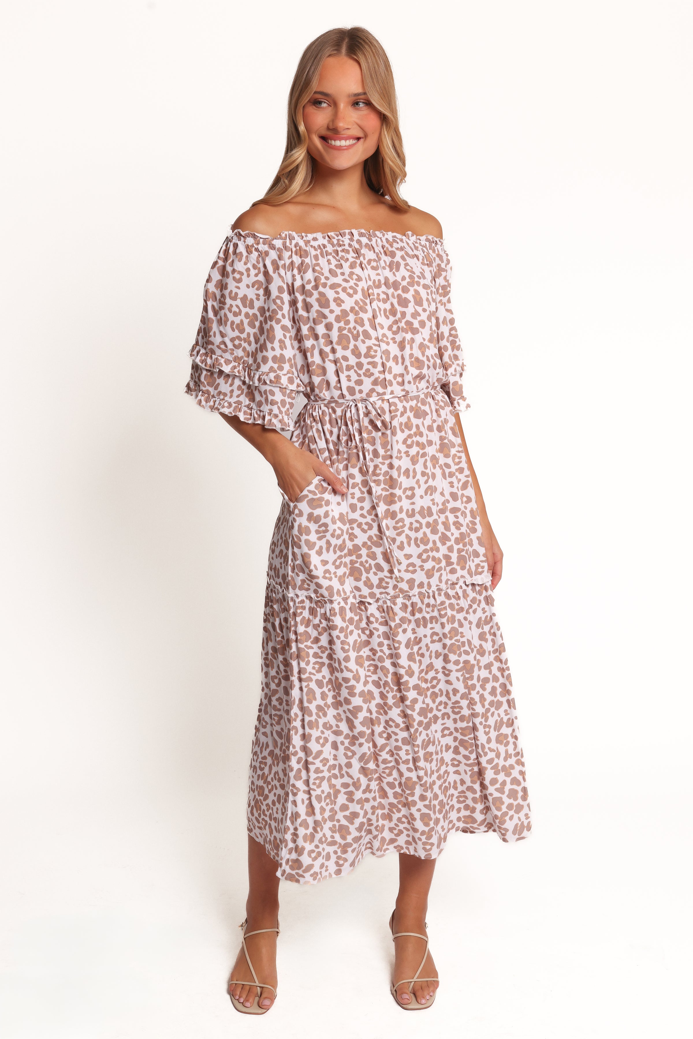 Petal and Pup USA DRESSES Rhody Off Shoulder Maxi Dress - White Leopard