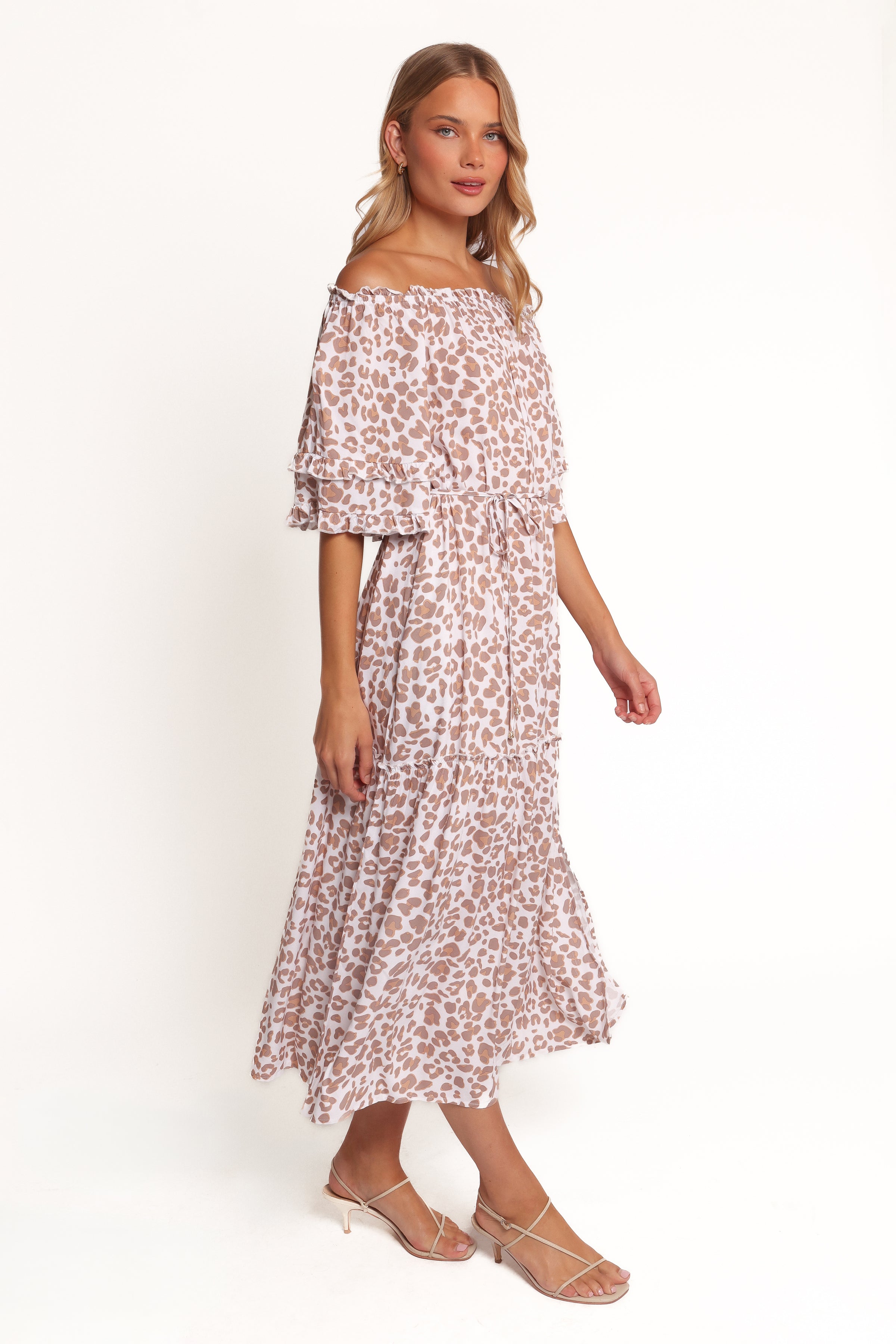 Petal and Pup USA DRESSES Rhody Off Shoulder Maxi Dress - White Leopard