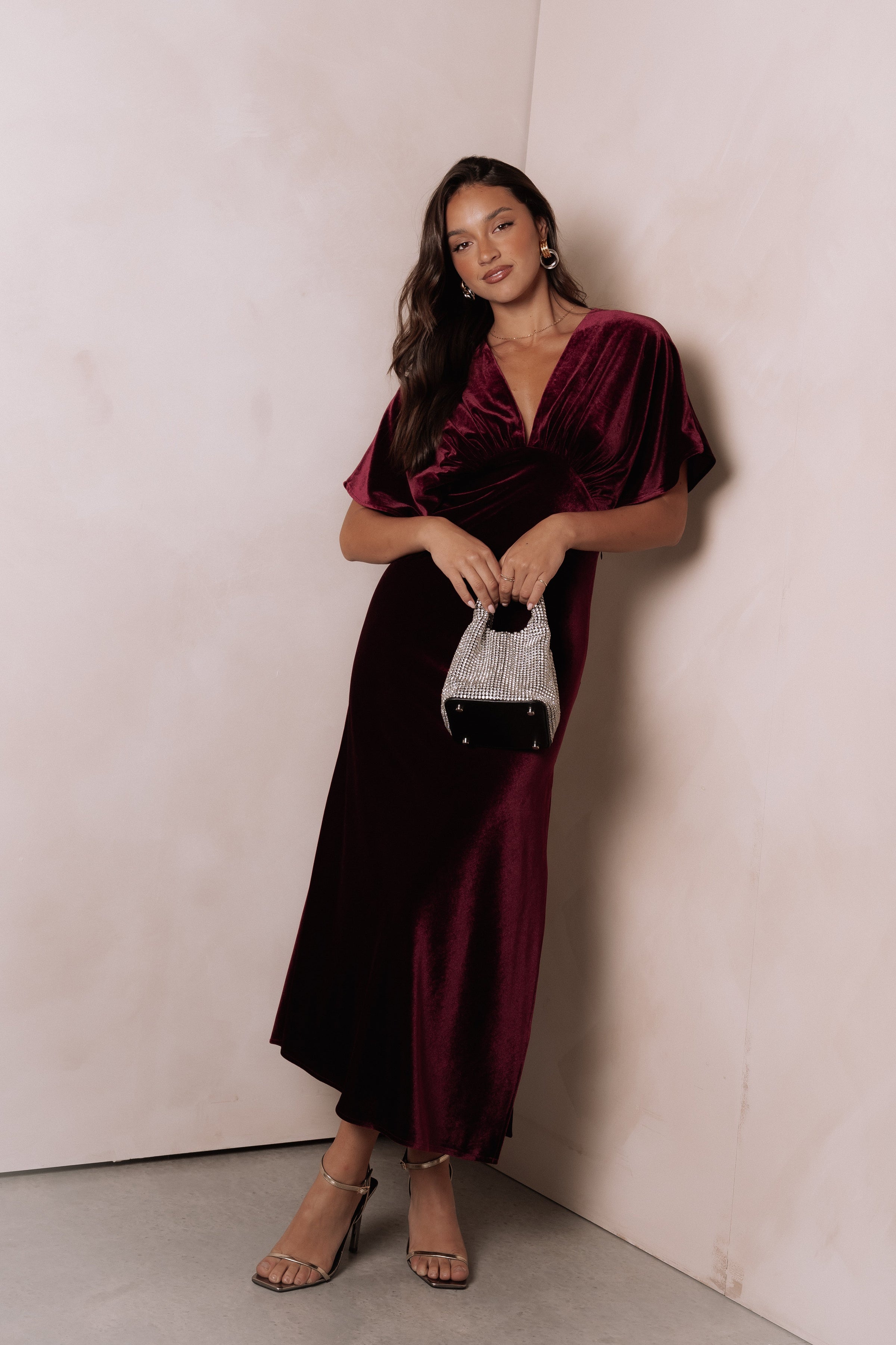 Petal and Pup USA DRESSES Ricki Velvet Maxi Dress - Wine