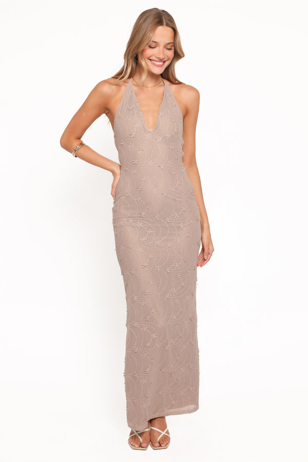 Petal and Pup USA DRESSES Riley Halter Maxi Dress - Taupe