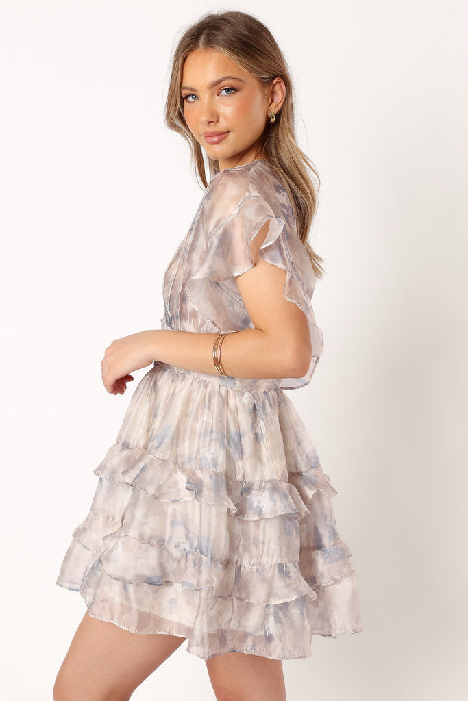 Rina Tiered Mini Dress - Beige Blue Floral - Petal & Pup USA