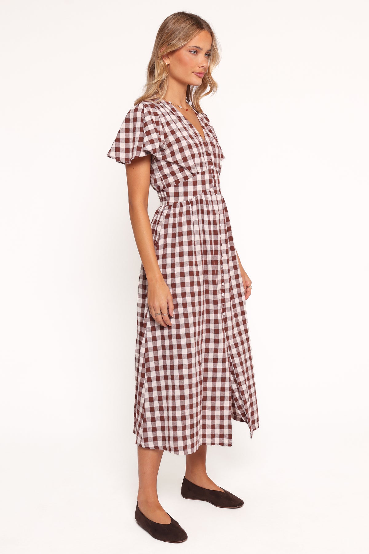 jessica simpson brown gingham dress Sanaly Mini Dress in Mini Gingham Brown , Frill , Loose Fit main image 1