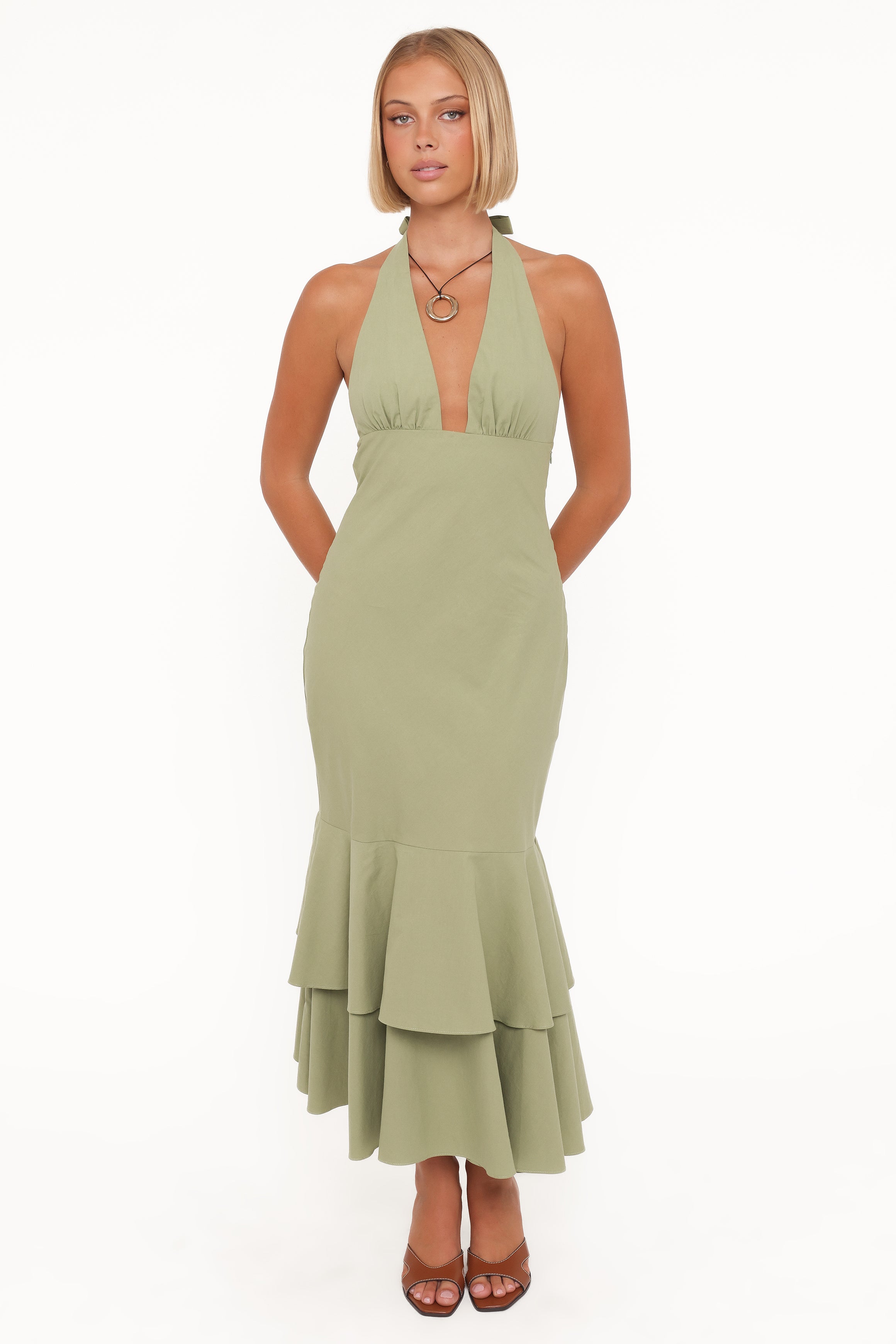 Petal and Pup USA DRESSES Robyn Halterneck Maxi Dress - Olive Green