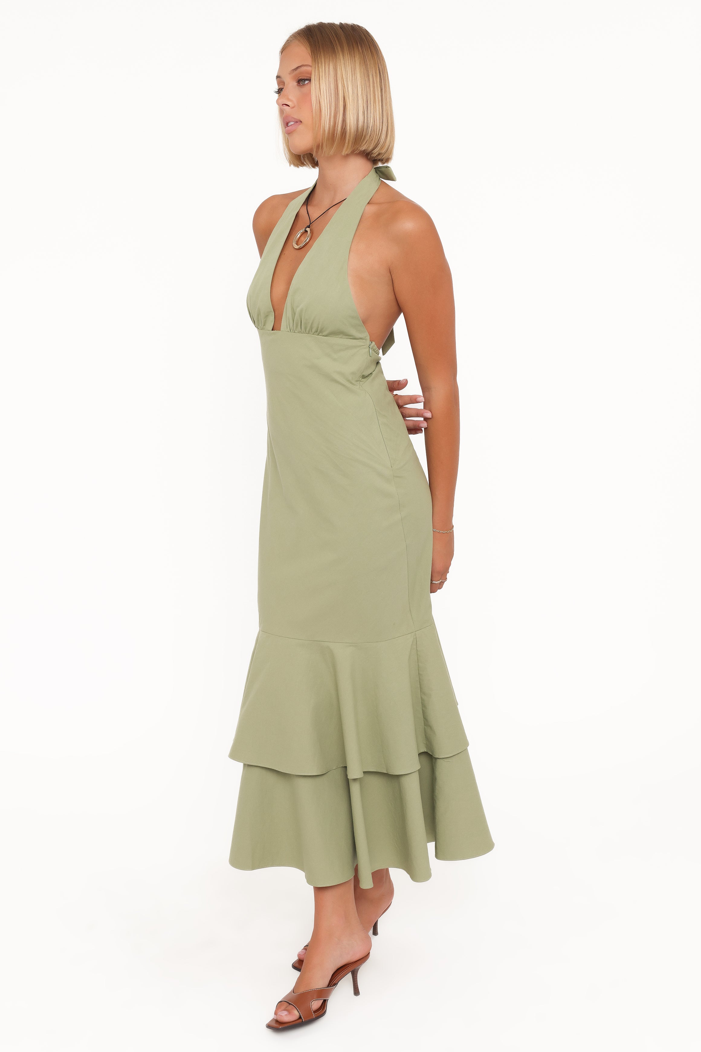 Petal and Pup USA DRESSES Robyn Halterneck Maxi Dress - Olive Green