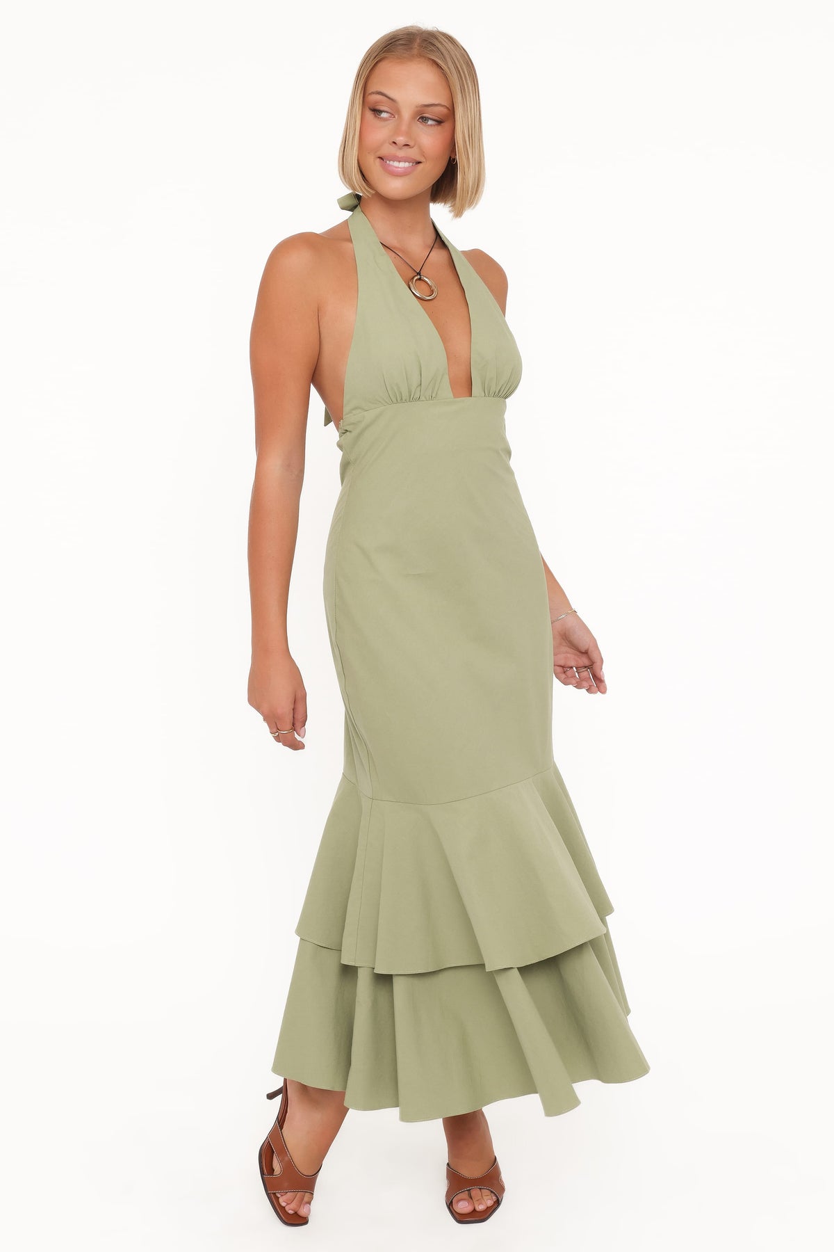olive green halter neck dress Roselani