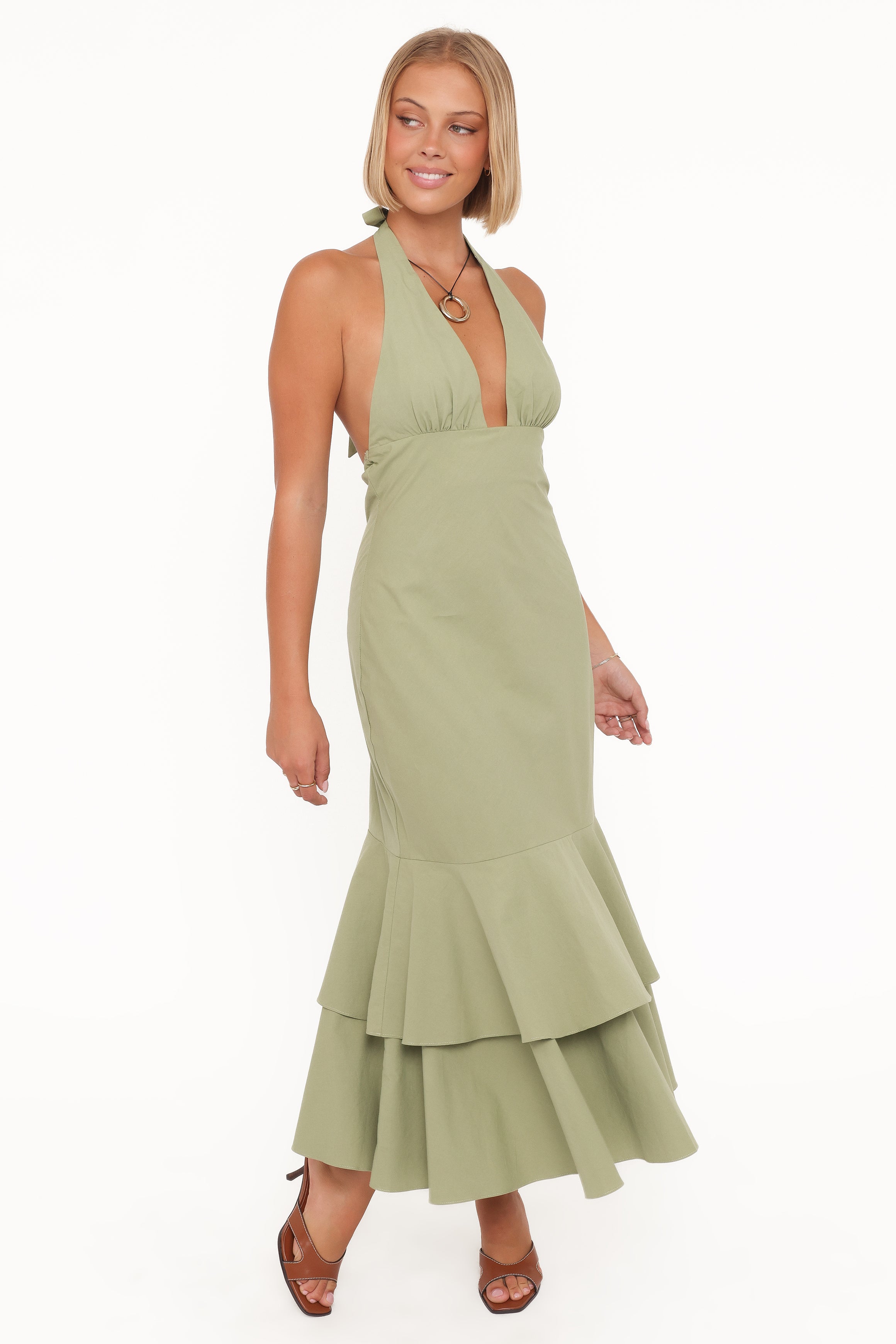 Petal and Pup USA DRESSES Robyn Halterneck Maxi Dress - Olive Green
