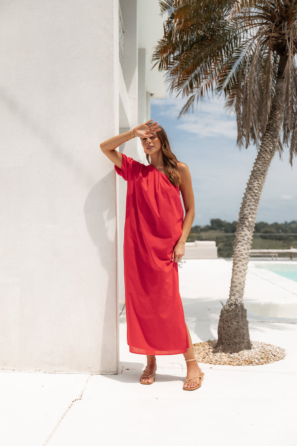 Petal and Pup USA DRESSES Roma One Shoulder Midi Dress - Red (Hold for Amazon)