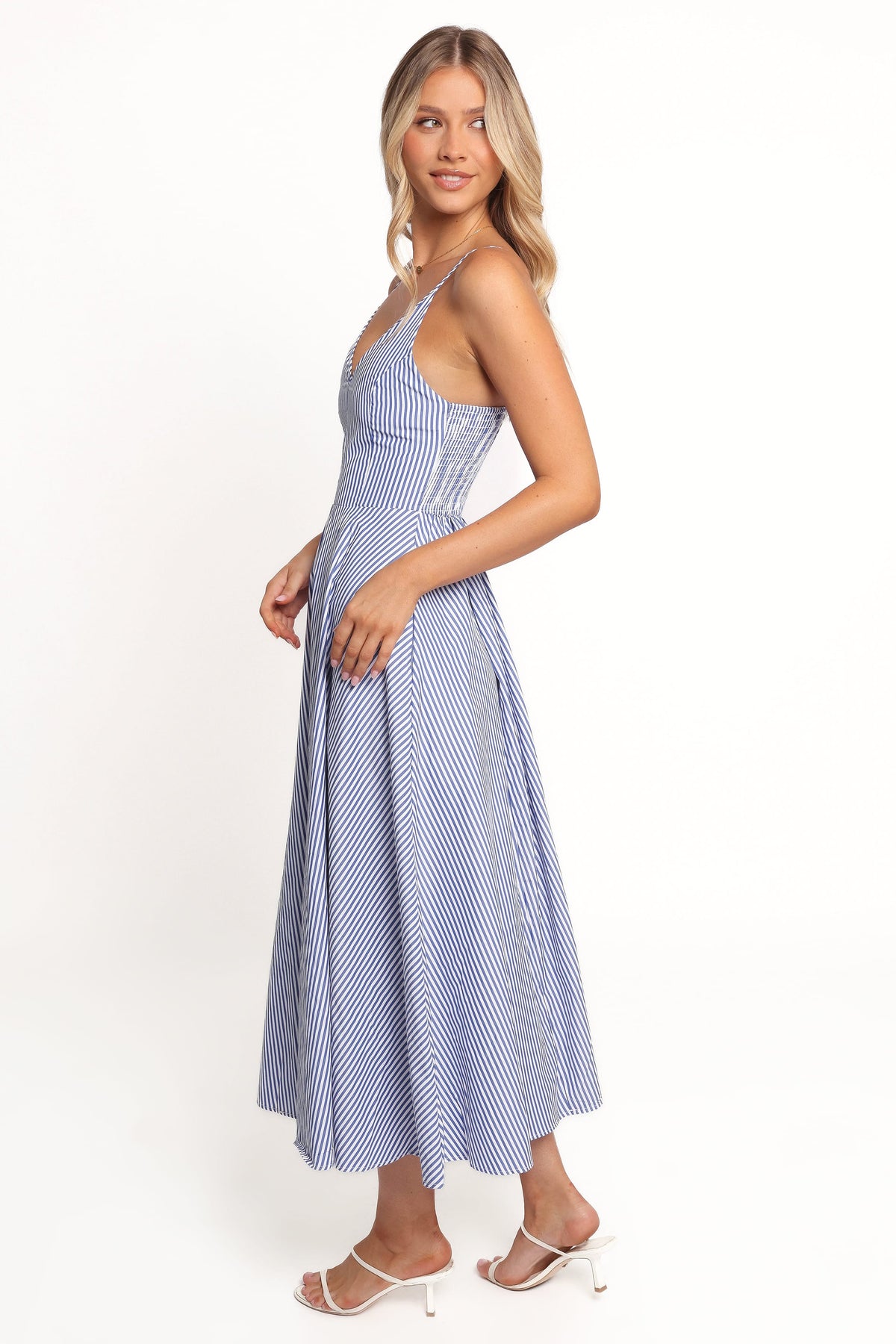 light blue gingham dress Petal and Pup Women's Romilly Strappy Maxi Dress