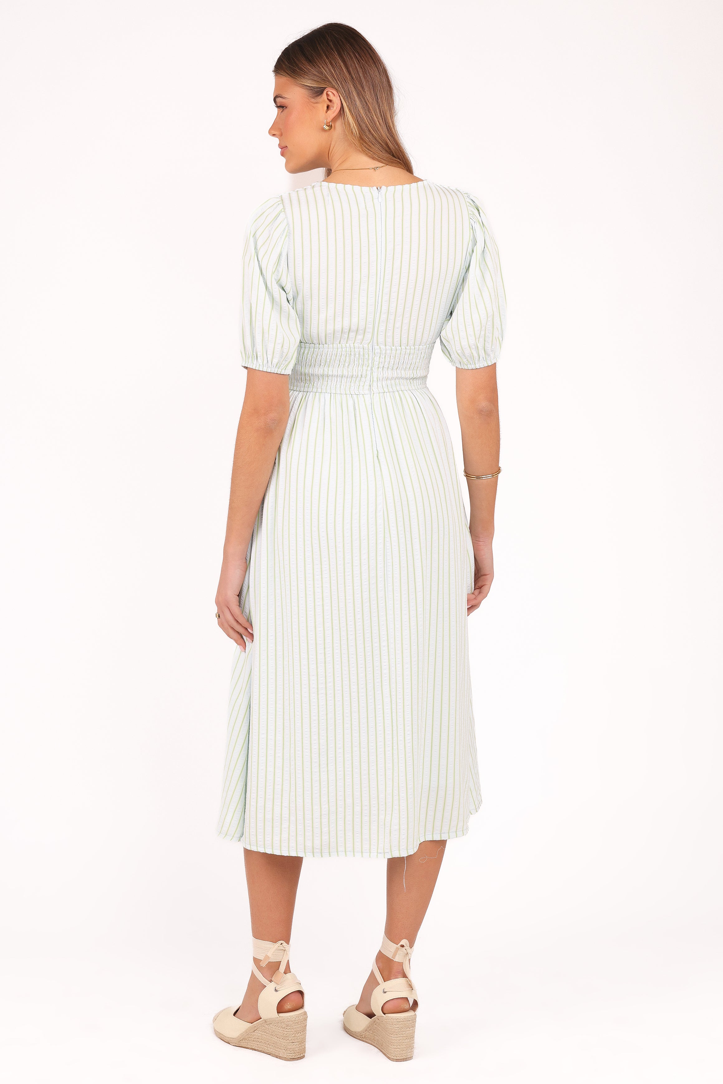 Petal and Pup USA DRESSES Ronnie Short Sleeve Midi Dress - Green Blue Stripe