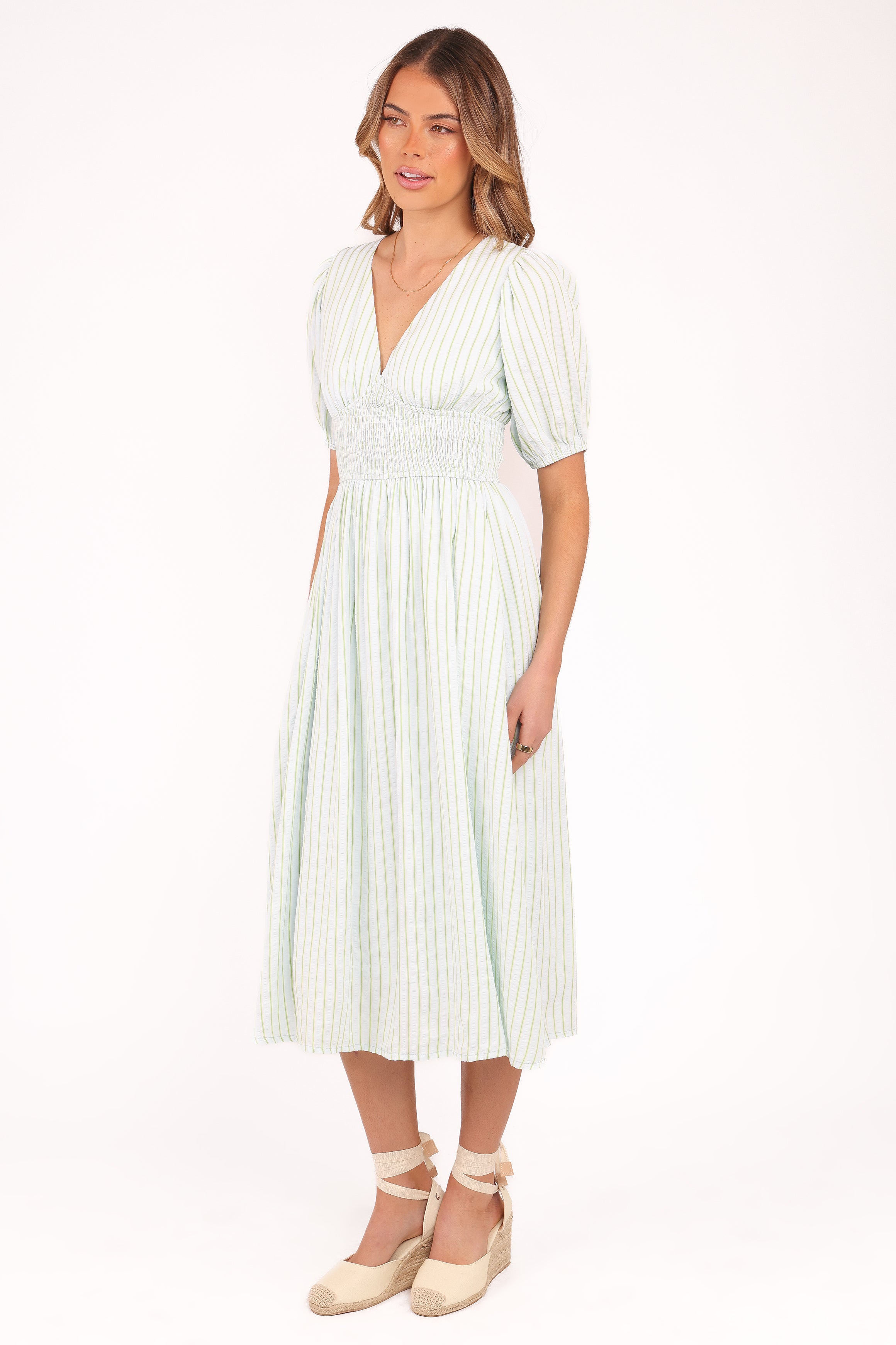 Petal and Pup USA DRESSES Ronnie Short Sleeve Midi Dress - Green Blue Stripe