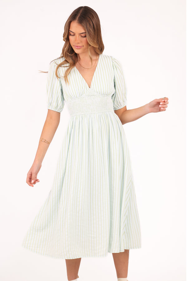 Petal and Pup USA DRESSES Ronnie Short Sleeve Midi Dress - Green Blue Stripe
