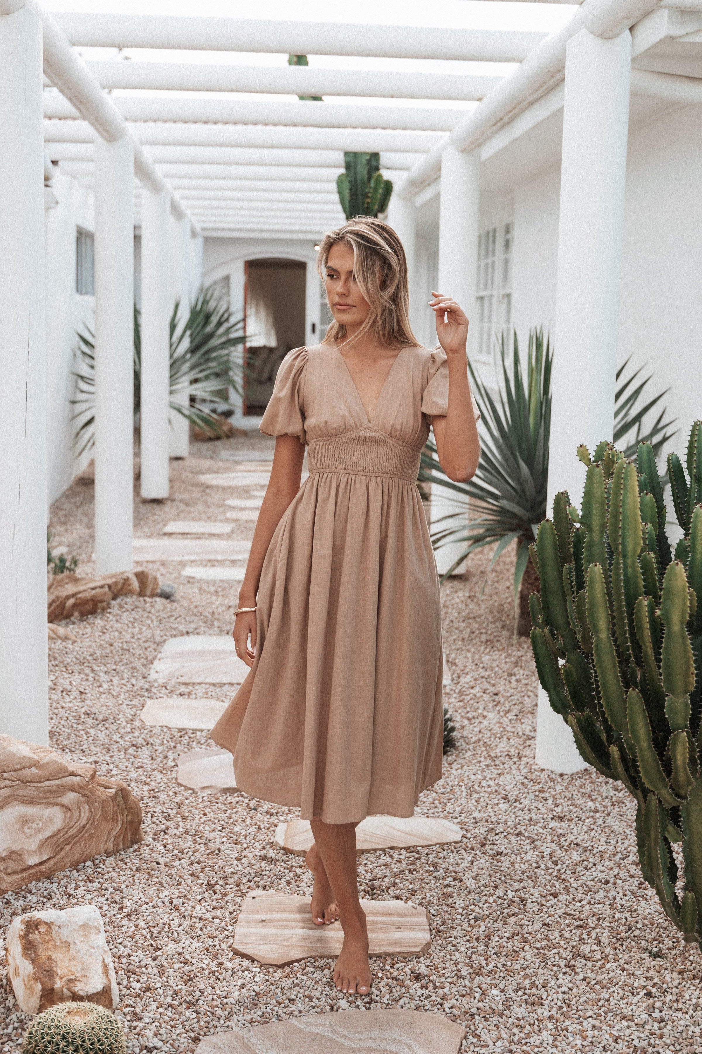 Petal and Pup USA DRESSES Ronnie Short Sleeve Midi Dress - Tan (Hold for Rack)