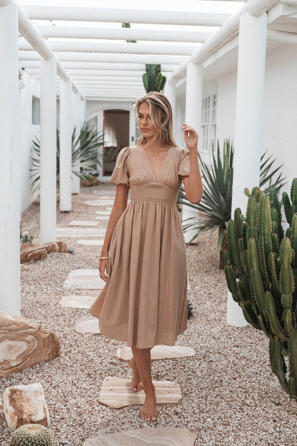 Petal and Pup USA DRESSES Ronnie Short Sleeve Midi Dress - Tan (Hold for Rack)