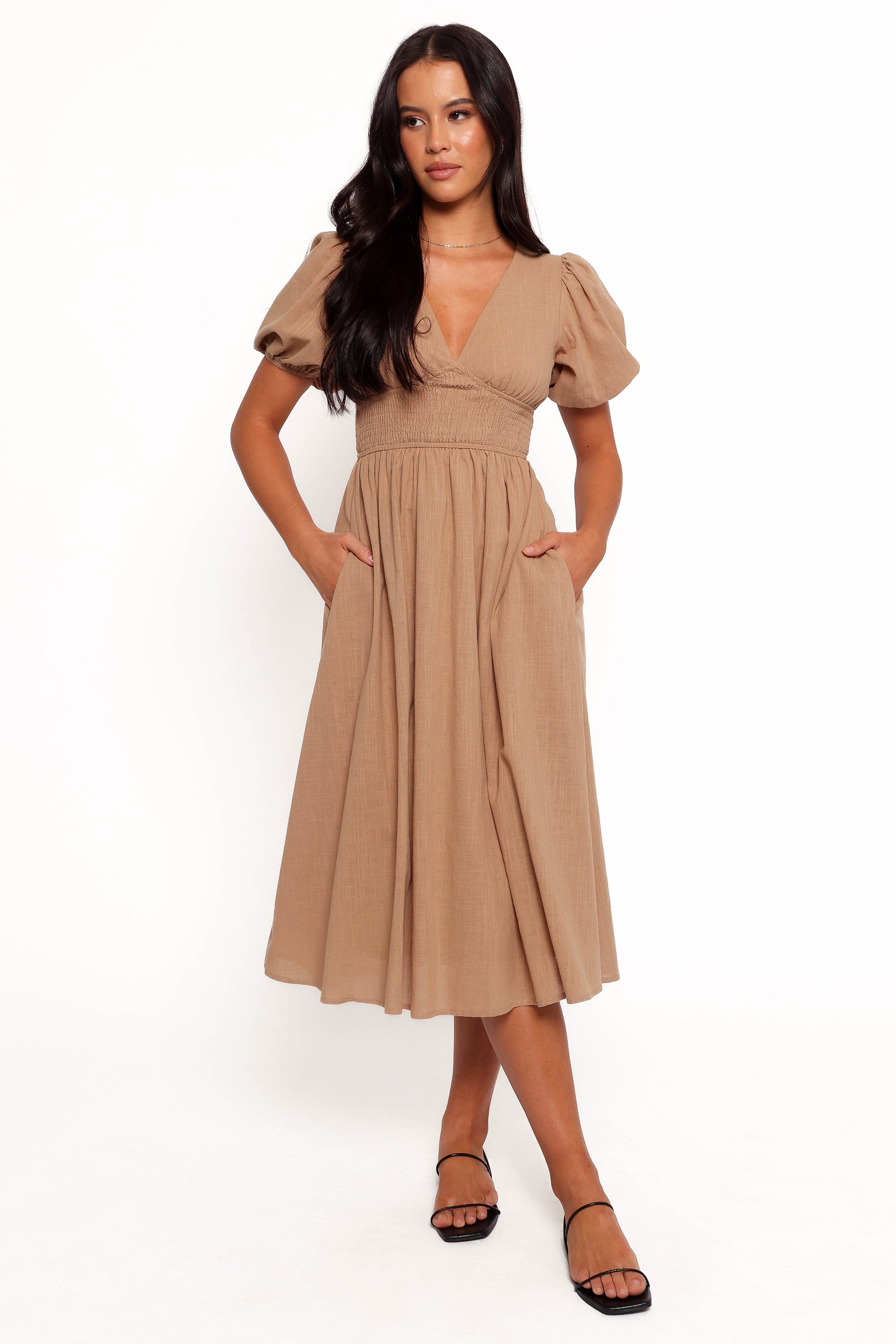 Petal and Pup USA DRESSES Ronnie Short Sleeve Midi Dress - Tan (Hold for Rack)