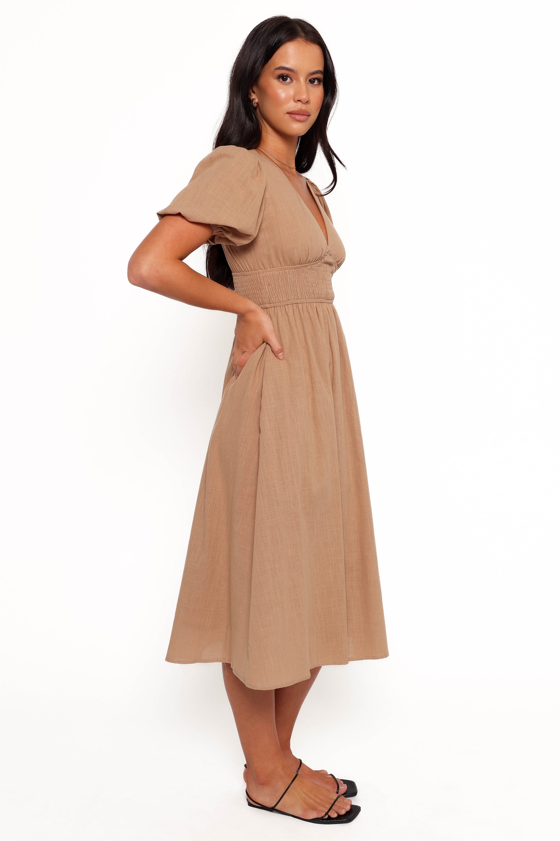 Petal and Pup USA DRESSES Ronnie Short Sleeve Midi Dress - Tan (Hold for Rack)