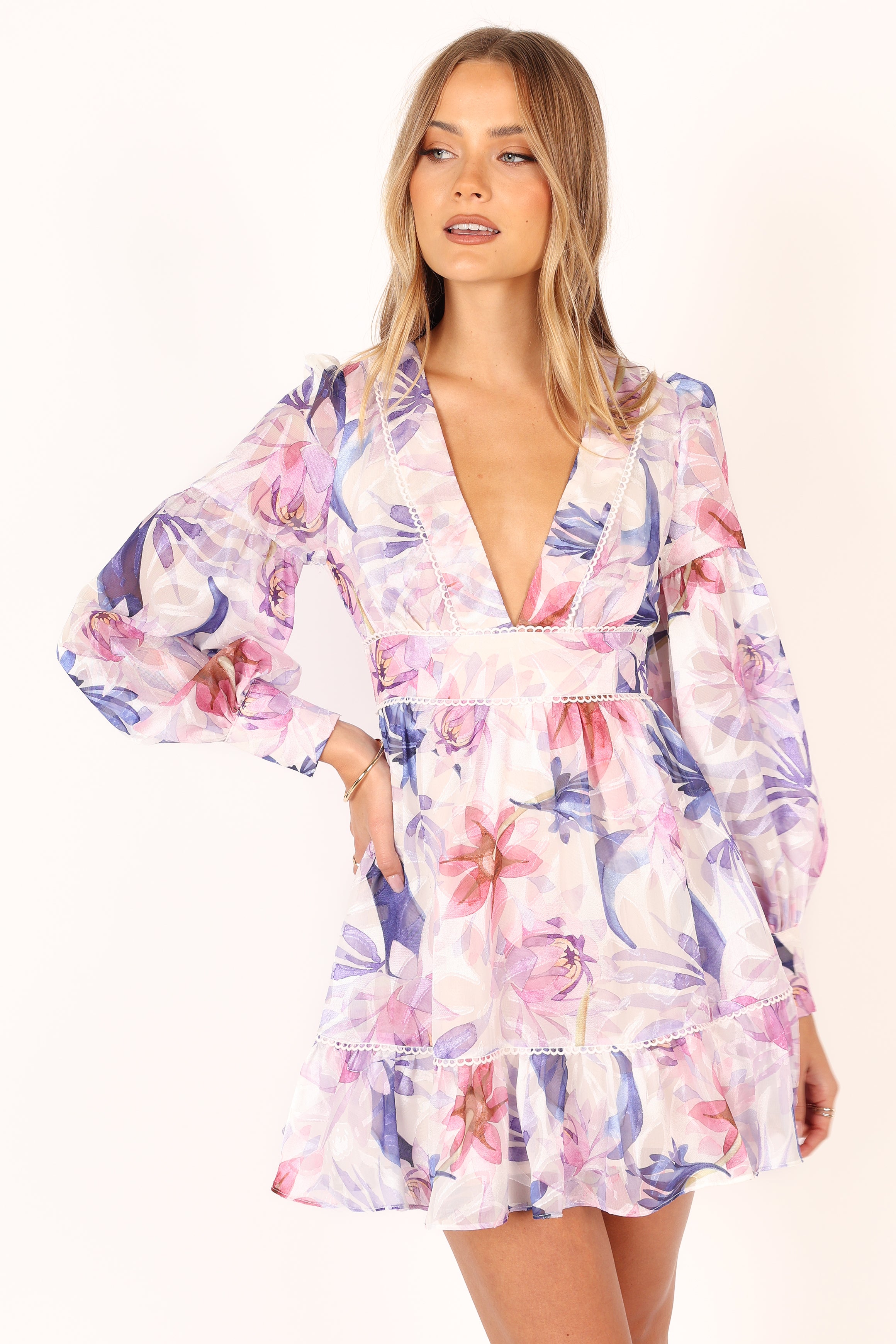 Petal and Pup USA DRESSES Rume Long Sleeve Mini Dress - Purple Floral