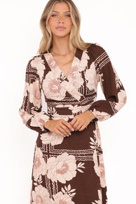 Petal and Pup USA DRESSES Safia Midi Dress - Brown Floral