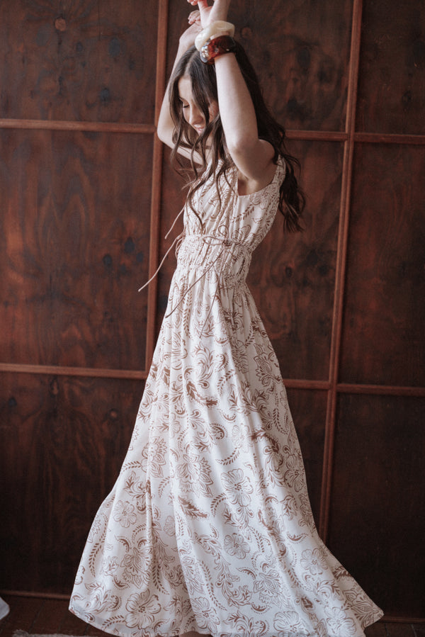 Petal and Pup USA DRESSES Safira Midi Dress - Brown Paisley