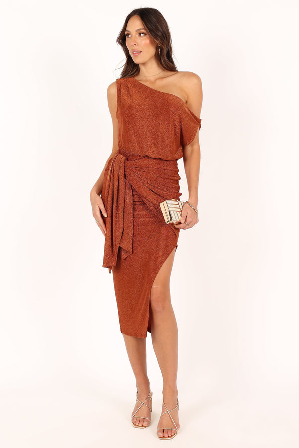 Petal and Pup USA DRESSES Santiago Off Shoulder Midi Dress - Bronze