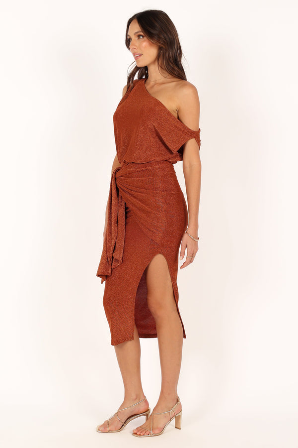 Petal and Pup USA DRESSES Santiago Off Shoulder Midi Dress - Bronze