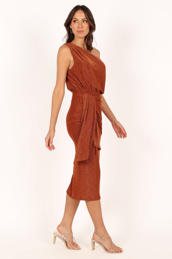 Petal and Pup USA DRESSES Santiago Off Shoulder Midi Dress - Bronze