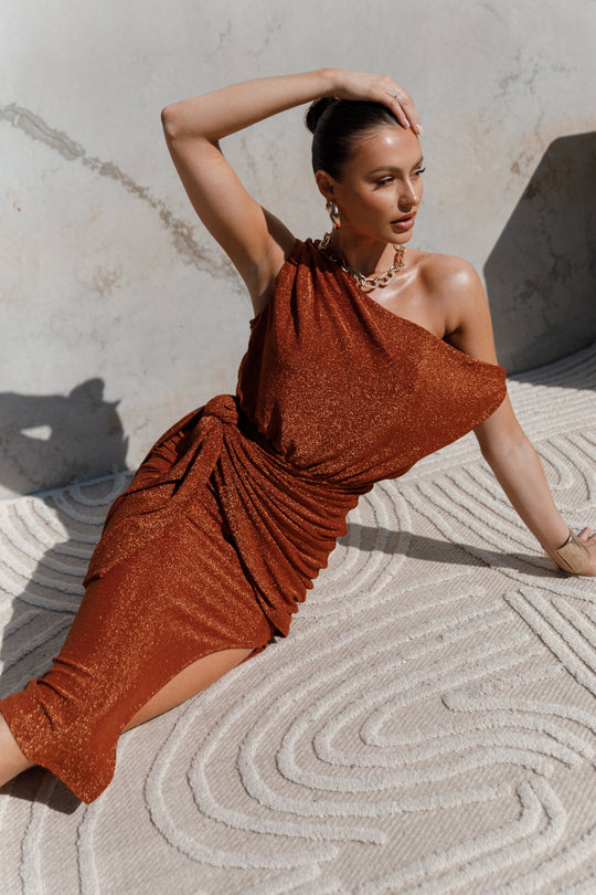 Santiago Off Shoulder Midi Dress Bronze Petal & Pup USA