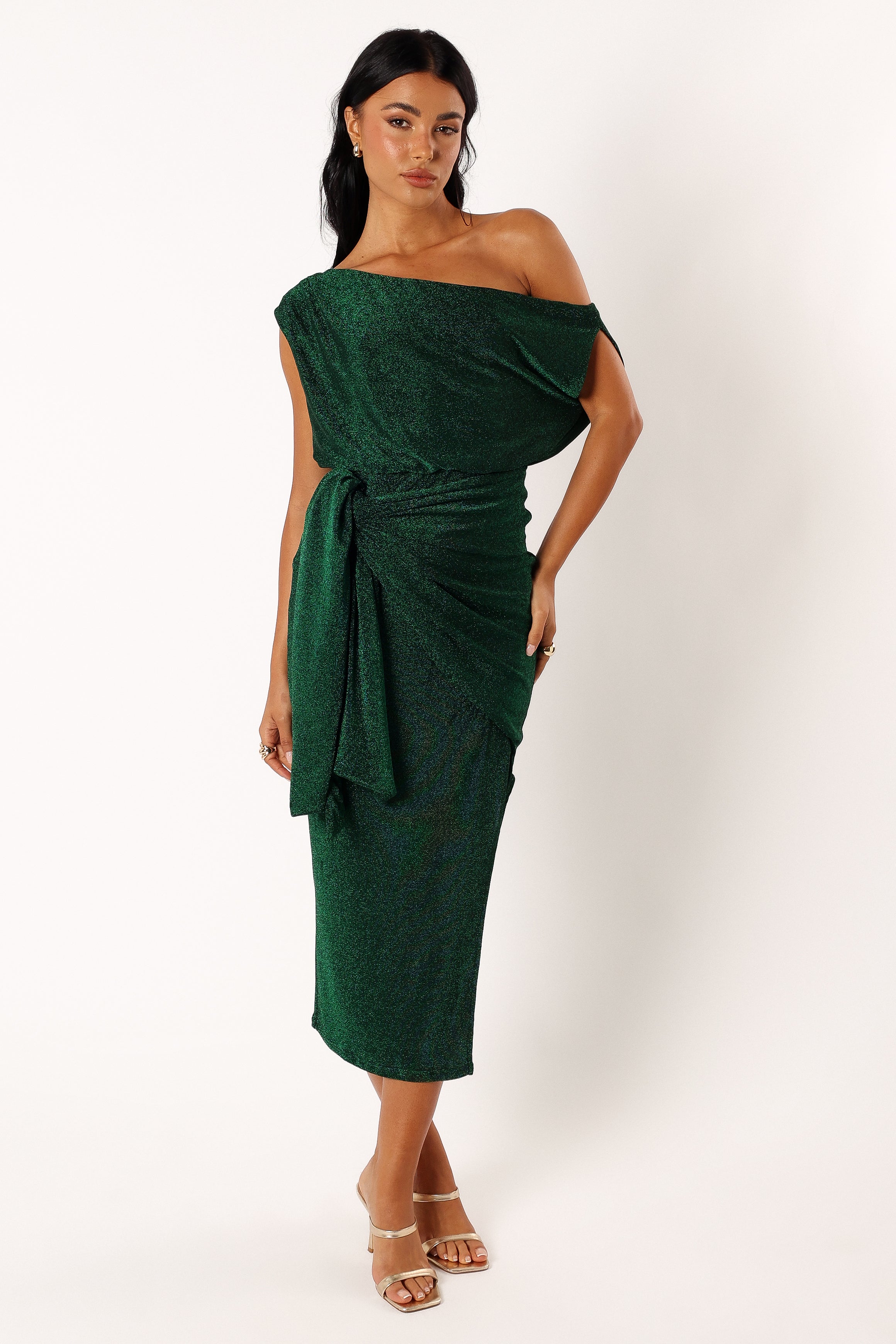 Petal and Pup USA DRESSES Santiago Off Shoulder Midi Dress - Emerald