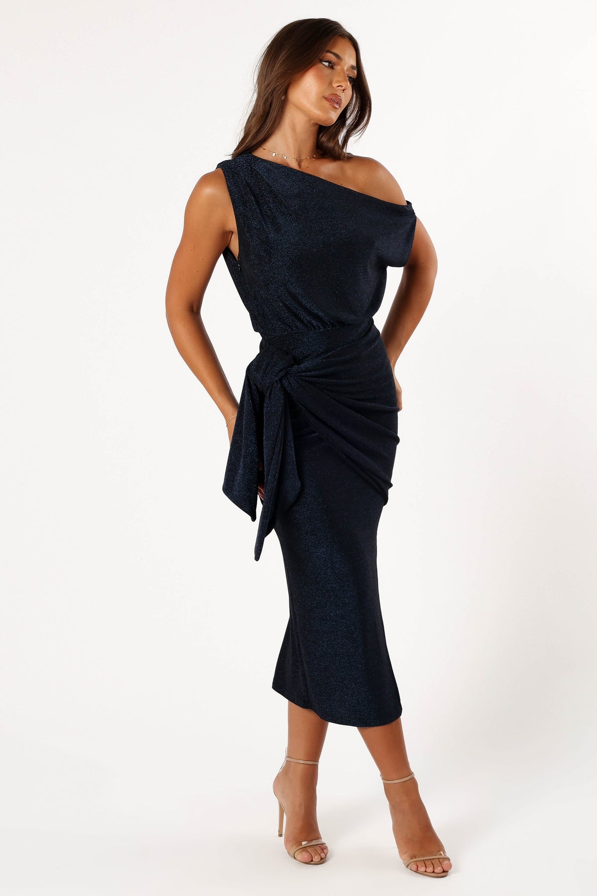 navy off the shoulder draped top midi dress Petal and Pup Women's Santiago Off Shoulder Midi Dress