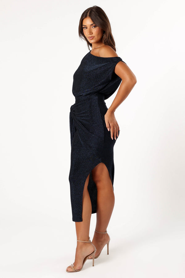 Petal and Pup USA DRESSES Santiago Off Shoulder Midi Dress - Navy