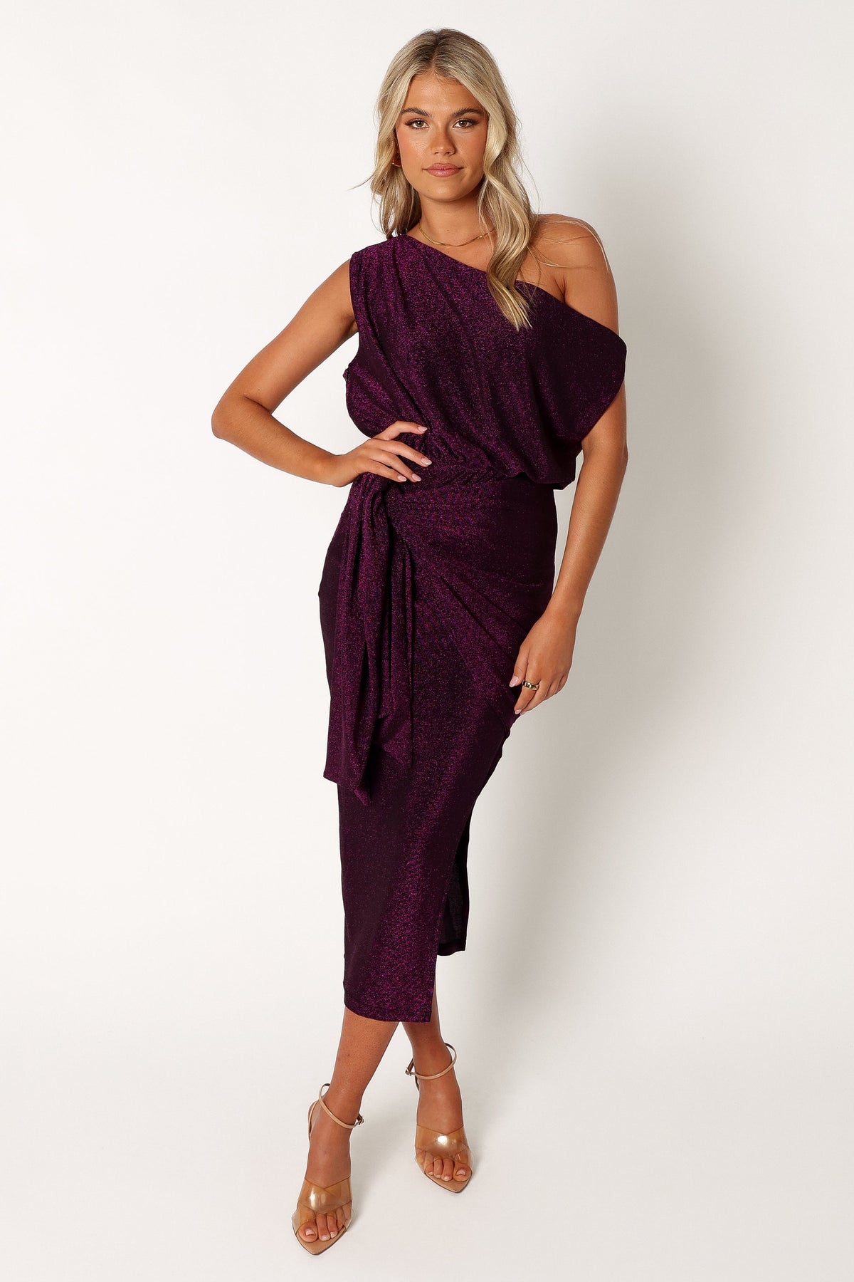 one shoulder dress purple Santiago Off Shoulder Midi Dress - Purple