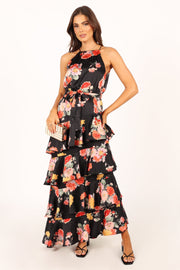 Petal and Pup USA DRESSES Sarona Halterneck Maxi Dress - Black Floral