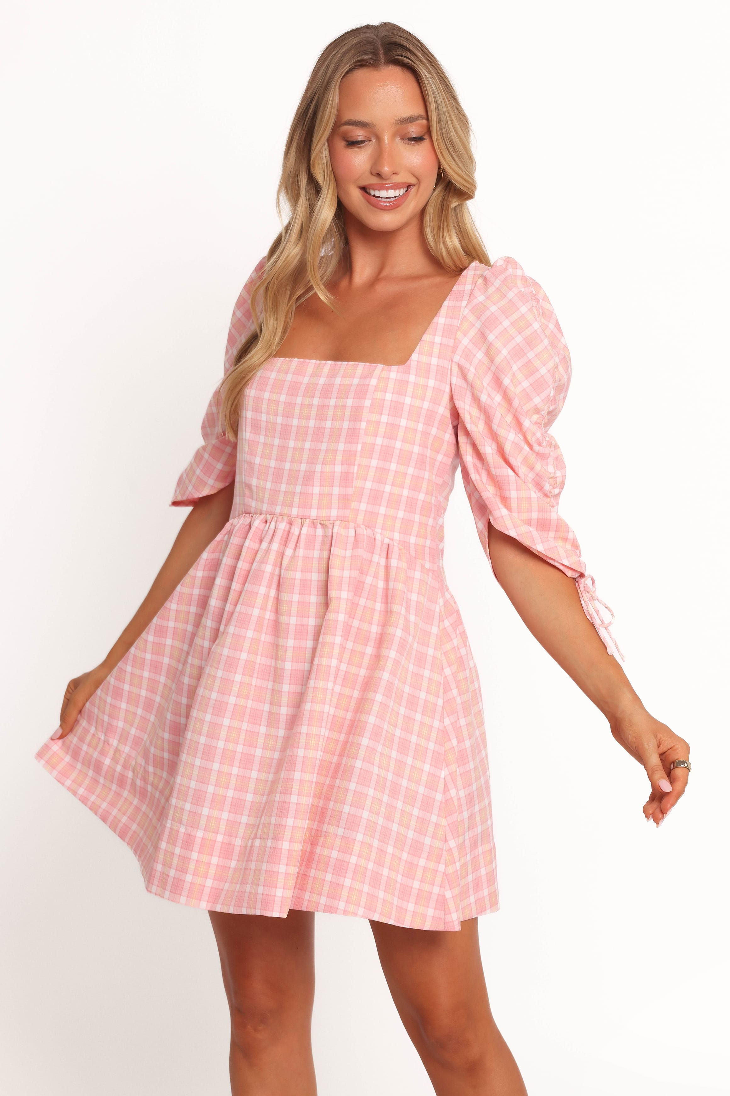 strapless open back dress Pink Check Shirt Dress